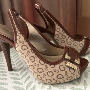 Guess Tan and Brown Logo Slingback Heels
